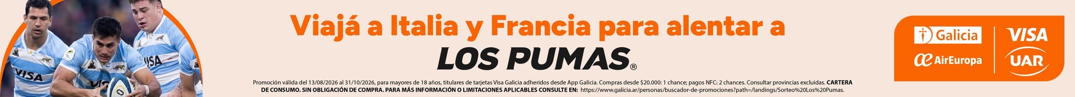 Galicia — Viajá a Italia y Francia para alentar a Los Pumas