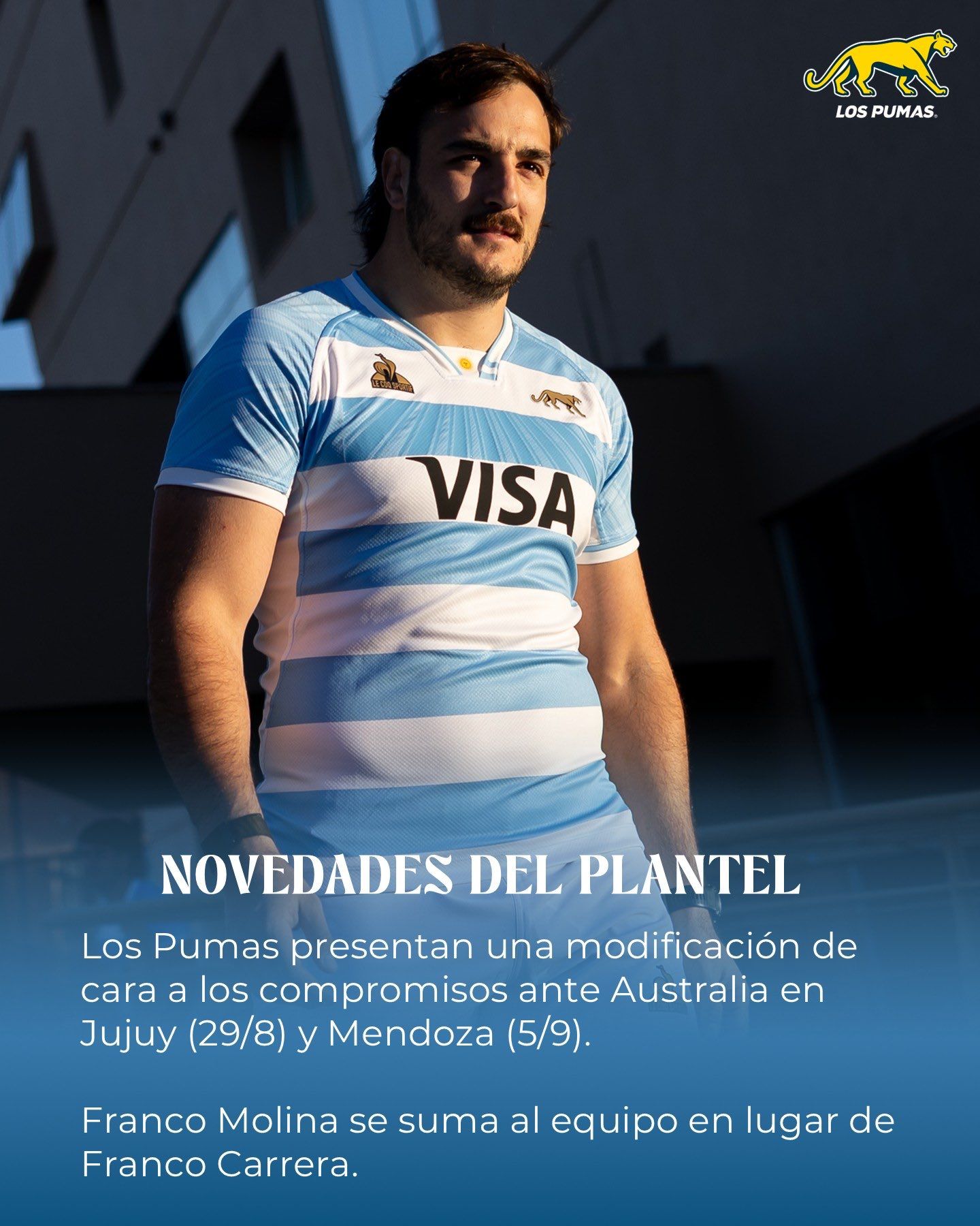 FRANCO MOLINA REEMPLAZA A FRANCO CARRERA EN LOS PUMAS PENSANDO EN EL PARTIDO CON AUSTRALIA EN JUJUY 