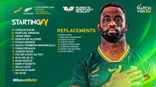 CON CUATRO CAMBIOS LOS SPRINGBOKS SE MEDIRÁN EN EL TERCER DUELO ANTE NUEVA ZELANDA