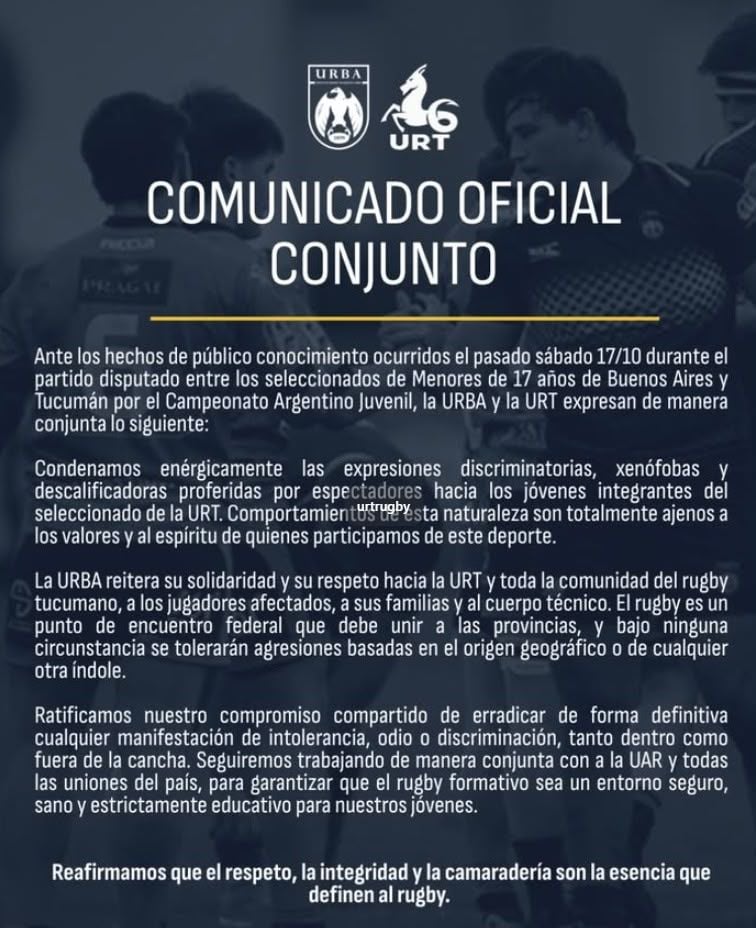 Se emitió un comunicado oficial entre la URBA y la URT por los hechos ocurridos el sábado pasado